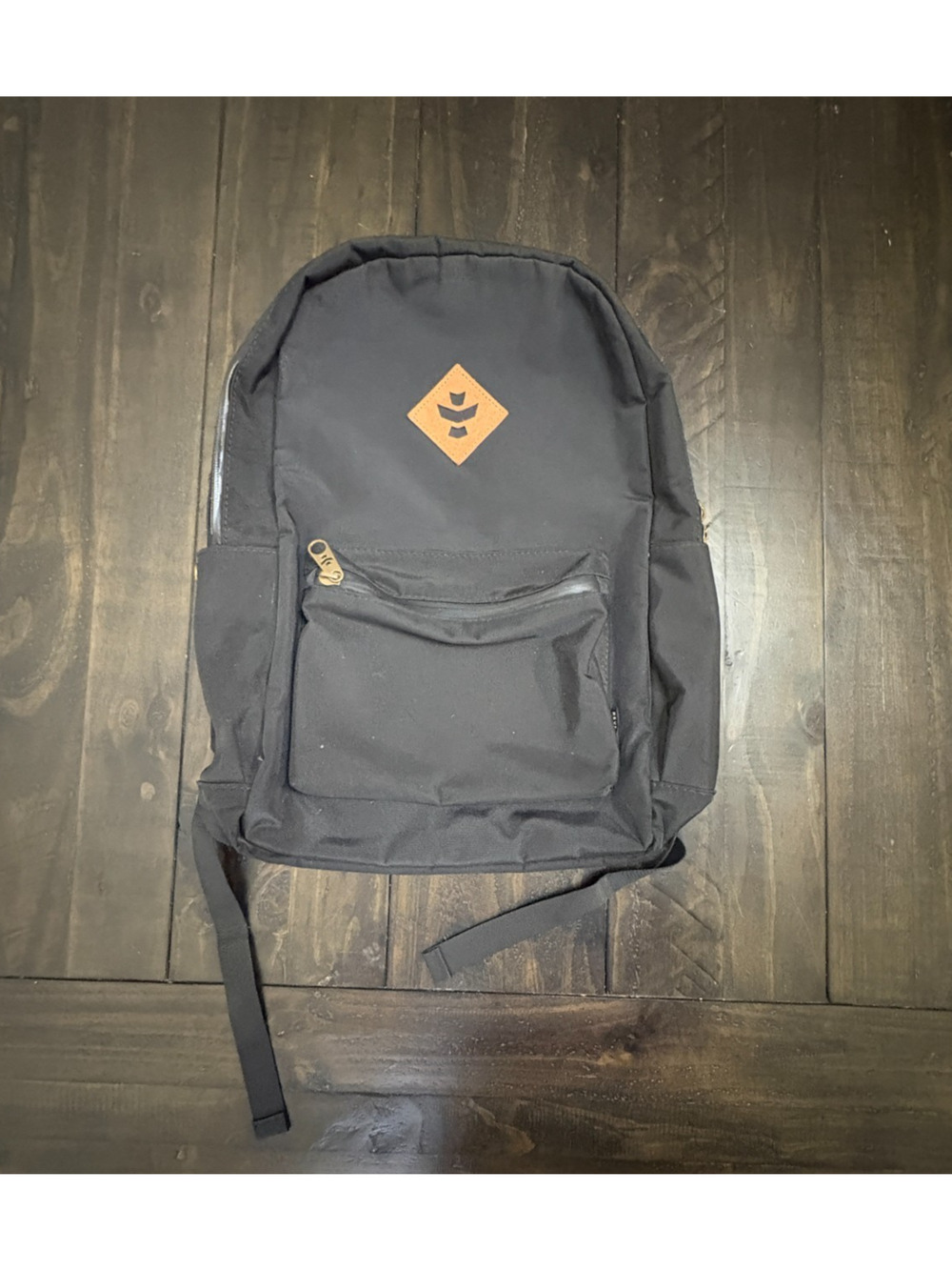 Revelry Water Resistant Black Tan Backpack Zipper needs repair see description